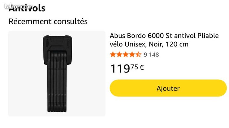 Antivol Pliable ABUS Bordo 6000 St Pour Vélo - 120cm Noir - Cylindre De Sécurité Et Sacoche Incluse