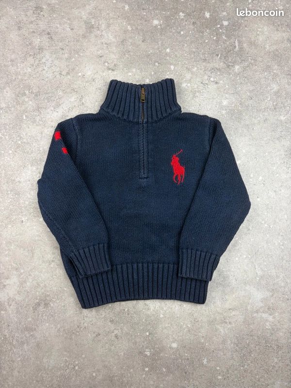 Polo Ralph Lauren Pull col montant zippé bleu marine enfant Taille 3 Ans Garçon Coton #R368 (image 1)