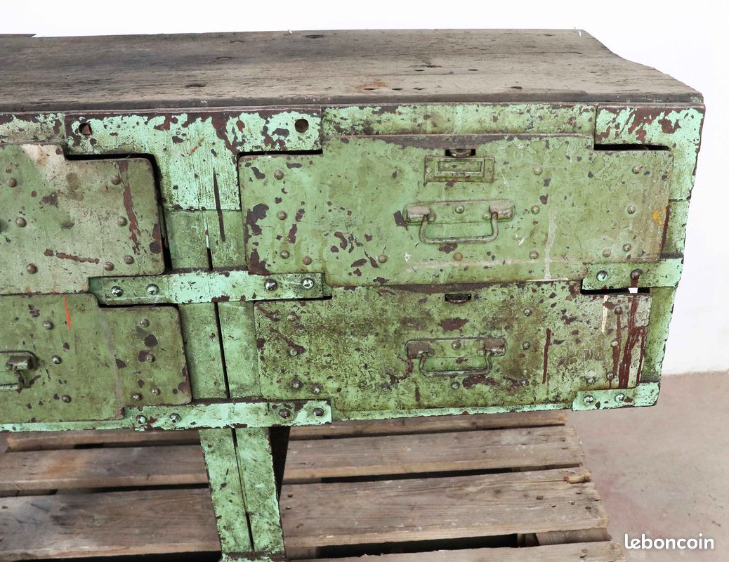 Ancien etabli riveté 301X60cm H80cm avec plateau bois - 3063 (image 8)
