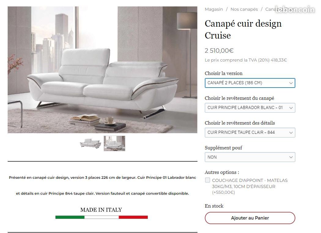 Canape cuir design blanc 2 places comme neuf (image 4)