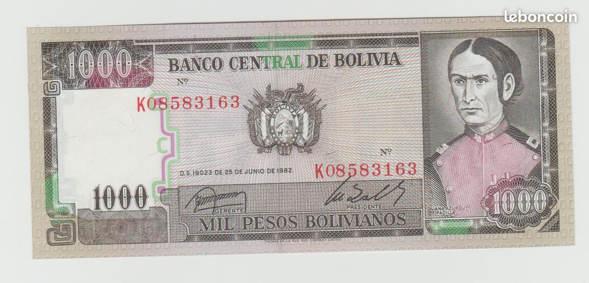 4 Billets de 1 000 et 10 000 pesos bolivianos de la BOLIVIE de 1982 et 1984  - Collection