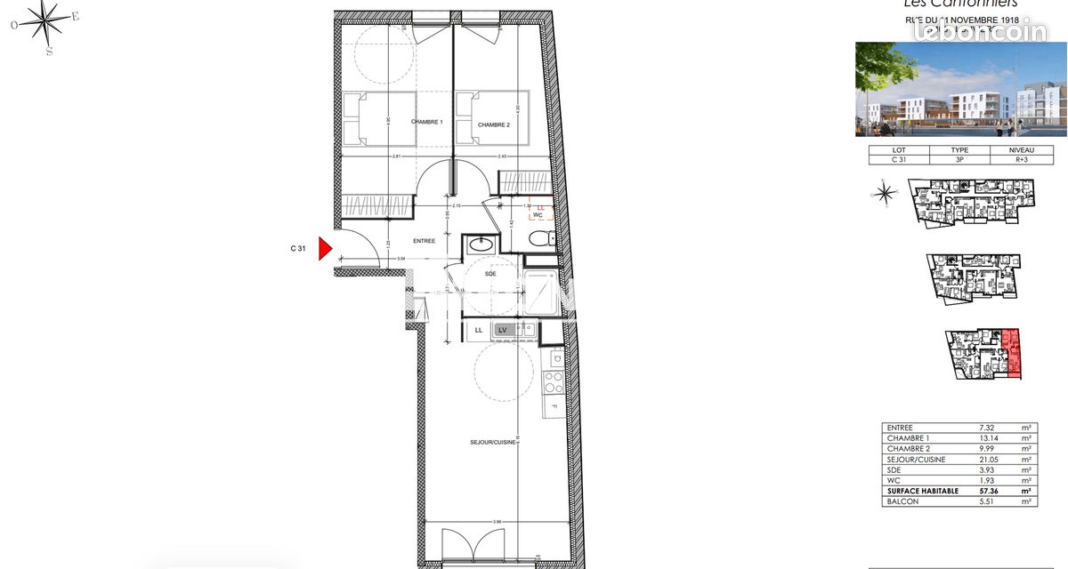 Appartement 3 pièces 57 m² · à Louviers · 57 m² · 665 €/mois
