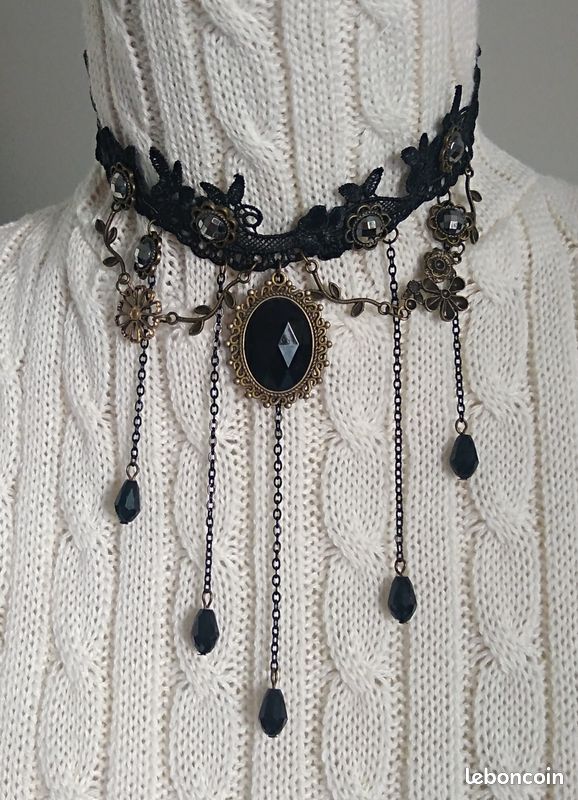 Collier Ras-du-cou Choker En Dentelle Noir, Motif Fleurs, Style Gothique Lolita, Fait Main