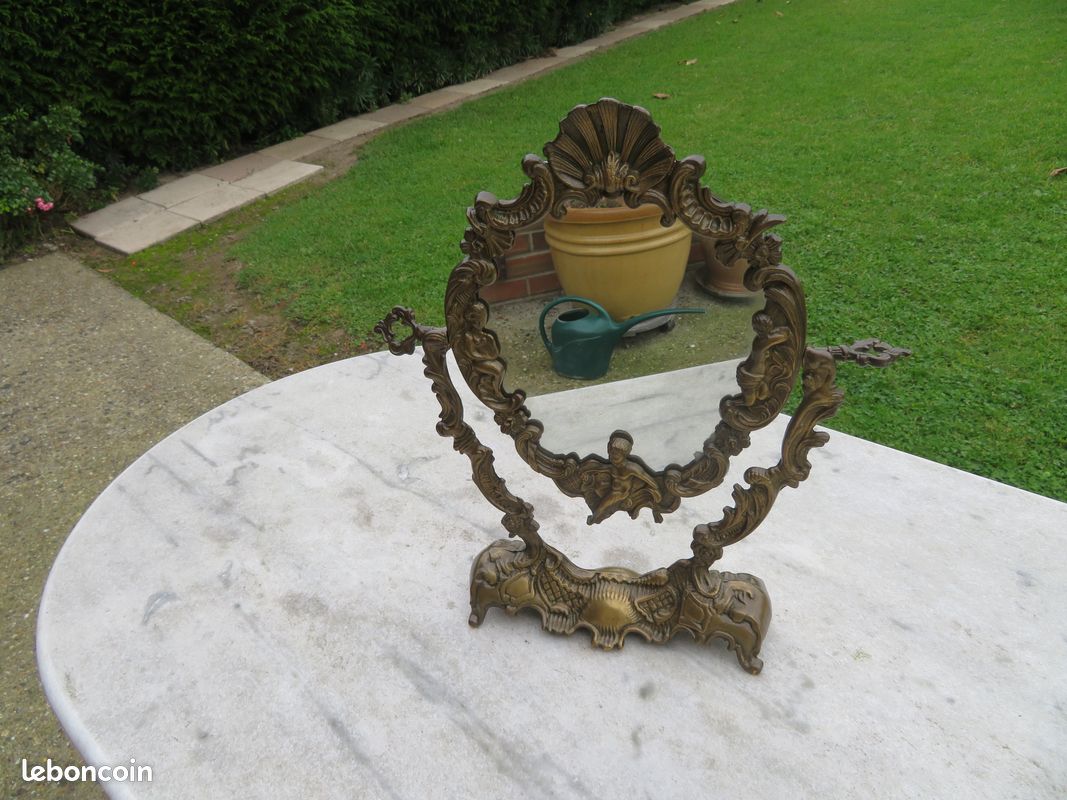 VINTAGE - Ancien Psyché/miroir a poser en bronze de style Louis XV à décor de Rocaille, Arabesque & Putto - FRANCE (Fin XIXé) (image 3)