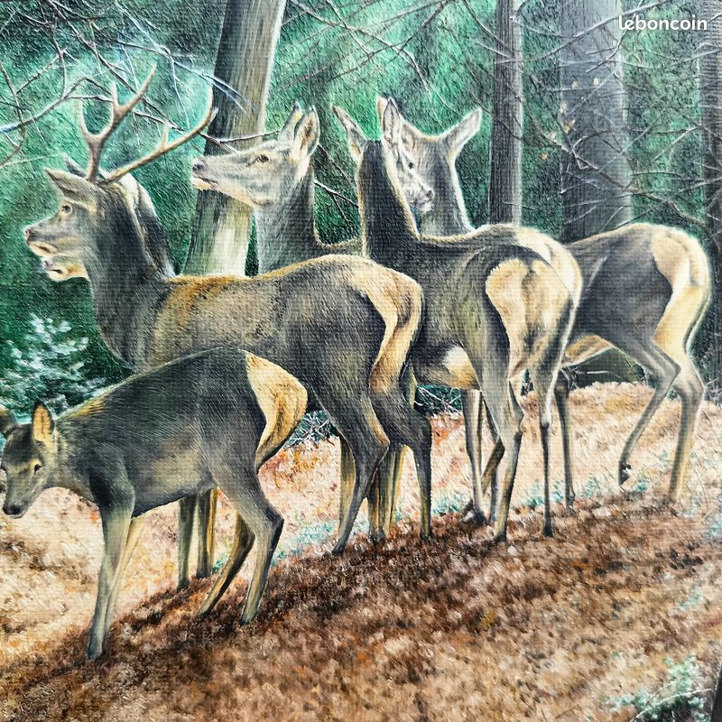 Tableau d'art animalier Huile sur toile sujet : Cerf Harde - Vente d'atelier (image 2)