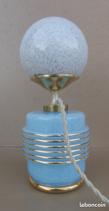 Lampe verre de Clichy bleu & boule blanche de bureau vintage luminaire ancien (image 3)