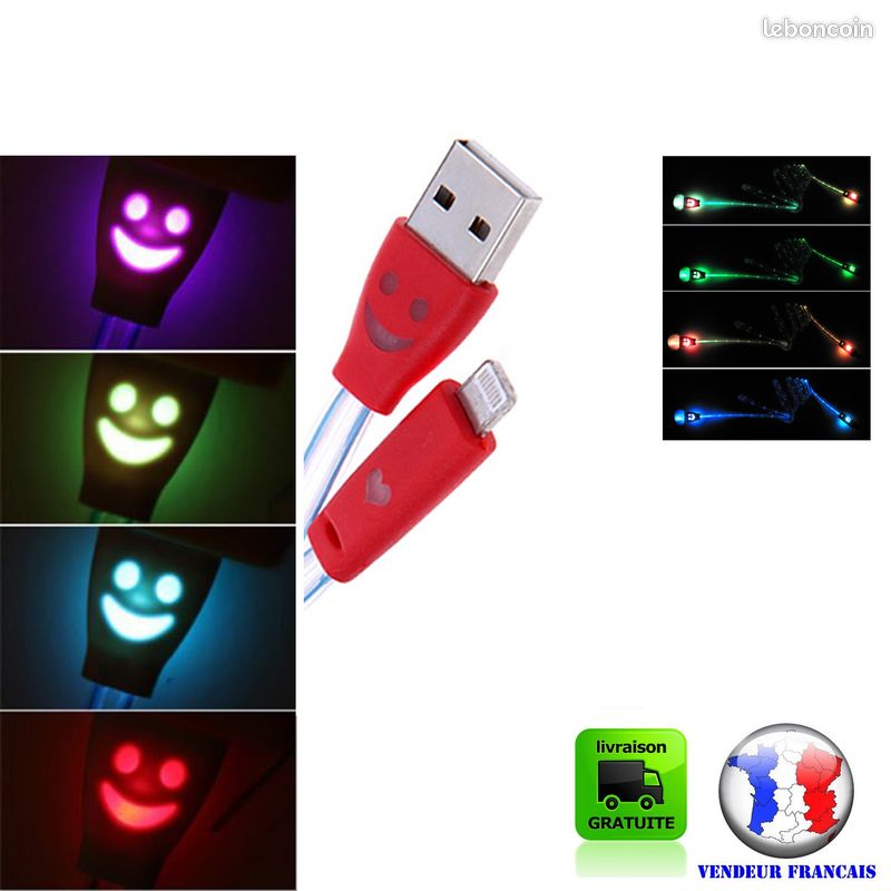 LOT DE 3 Câble USB LED SOURIRE ROUGE OU AU CHOIX pour iPhone 12 11 Pro XS Max XR X 8 7 6s 6 (image 1)
