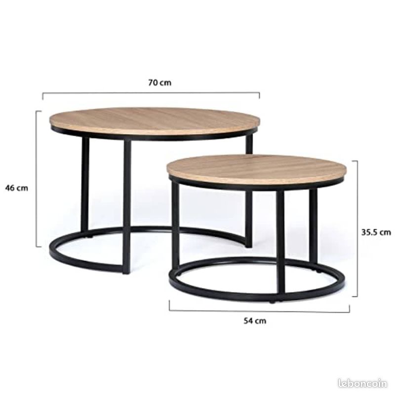 Lot de 2 Tables Basses Gigognes Rondes – Design Industriel Bois et Métal – Tables d'Appoint Modulables & Imbricables (image 2)