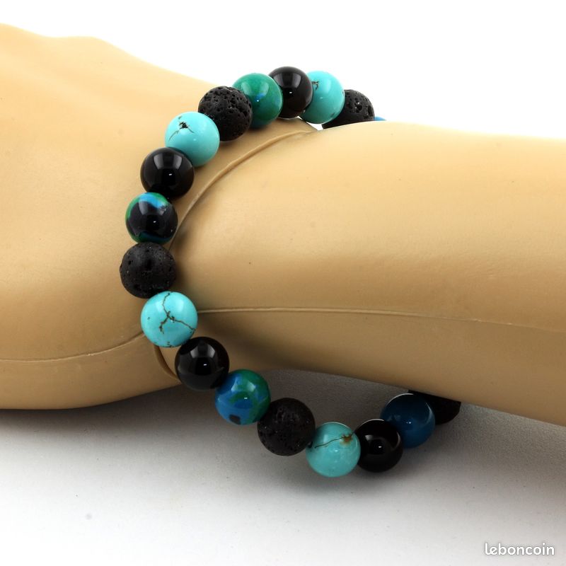 Bracelet Perles Chrysocolle + Agate noire + Turquoise + Lave 8 mm. Fabriqué en France (image 2)