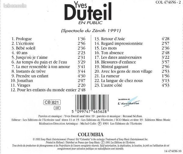 Yves Duteil En Public (Spectacle Du Zénith 1991) (image 2)