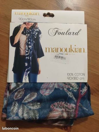 Foulard Manoukian 100% Coton Fleuri Noir Et Rouge - 90x180 Cm, Neuf Avec étiquettes