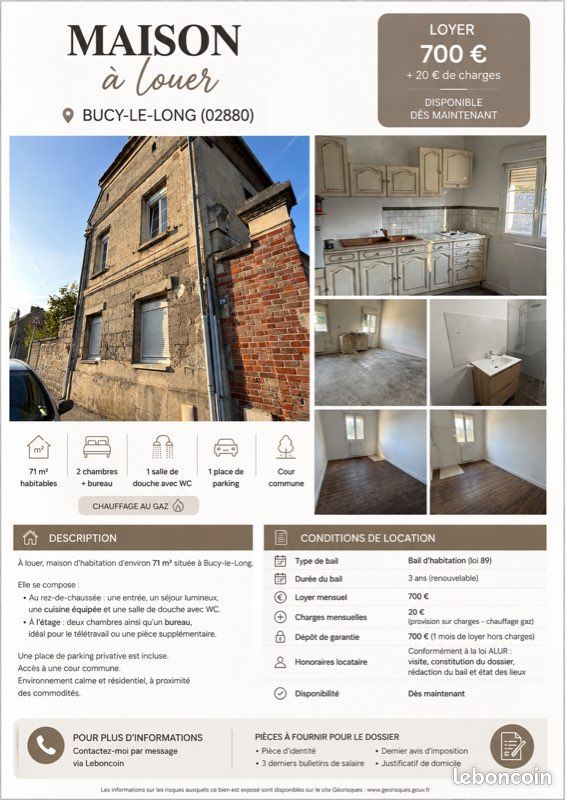 Maison 3 pièces 71 m² · à Bucy-le-Long · 71 m² · 720 €/mois