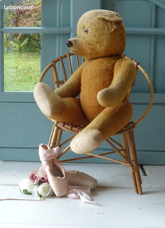 Grand Ours Ancien 60cm - Paille Et Mohair - Jouet De Collection Teddy