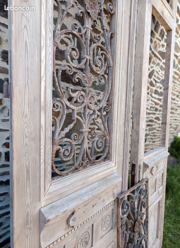 2 grandes portes intérieures en bois de château normand avec grilles en fonte, rare (image 5)