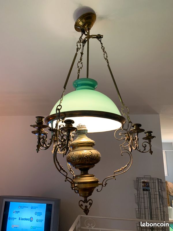 Vends lustre vintage laiton doré opaline verte - Décoration