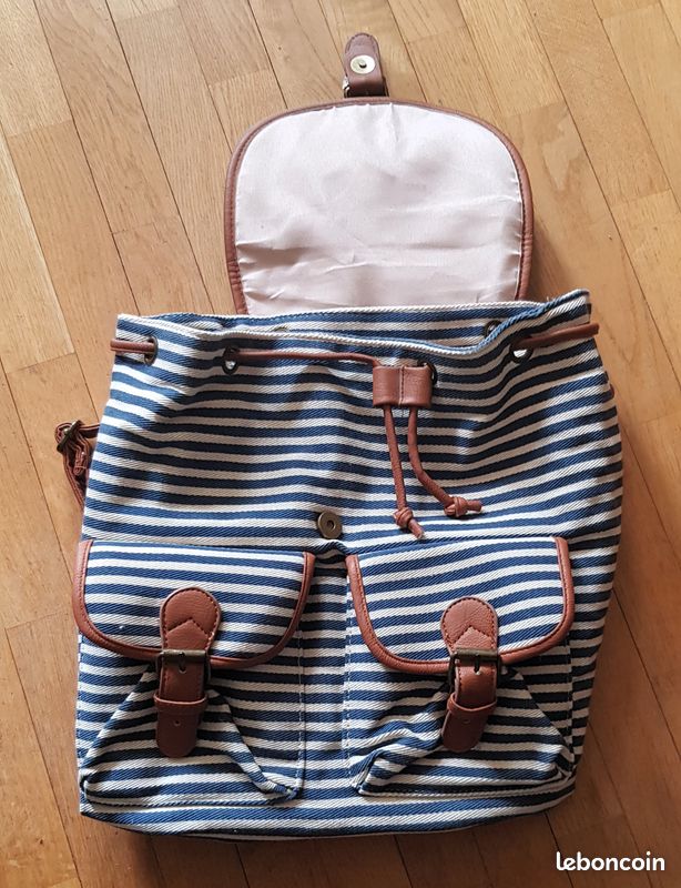 Sac à dos en toile solide à rayures bleu et blanc avec renforts et bandoulières en cuir fermetures métal TBE (image 4)