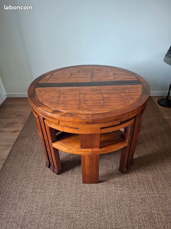 Table 4 ou 6 places avec rallonge en orme massif et bambou avec ses 4 chaises assortie très bon état (image 1)