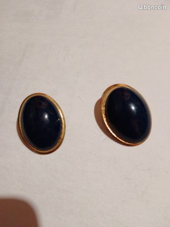 Boucles D'oreilles Clips Vintage Or Avec Cabochon Noir - Signé *5327 - Occasion