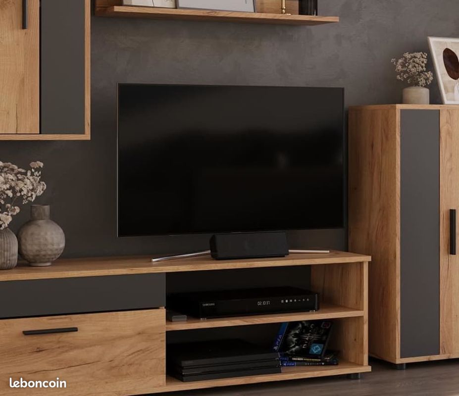 Ensemble Mural TV Design – Lot de 4 Éléments – Chêne de Force Doré & Anthracite – Meuble Bas, Buffet, Armoire Suspendue & Étagère (image 5)