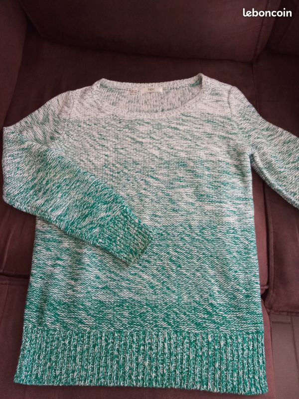 Ravissant petit PULL Vert et Blanc T38/40 