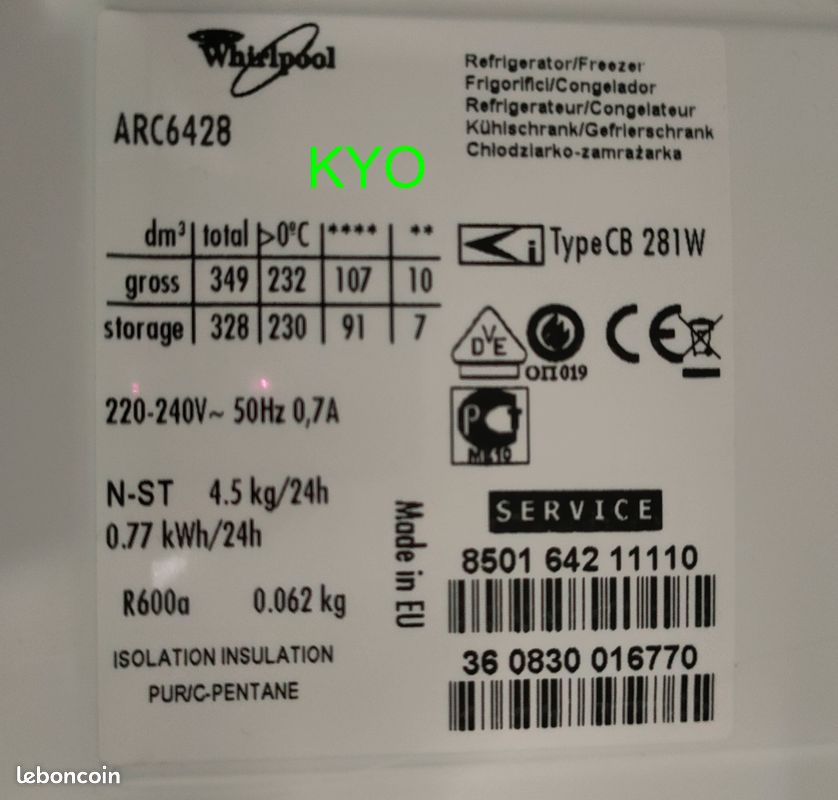 Whirlpool clayette étagère en verre transparent, bords plastique, 481245088282, réfrigérateur-congélateur combiné ARC6428 - Très bon état (image 10)