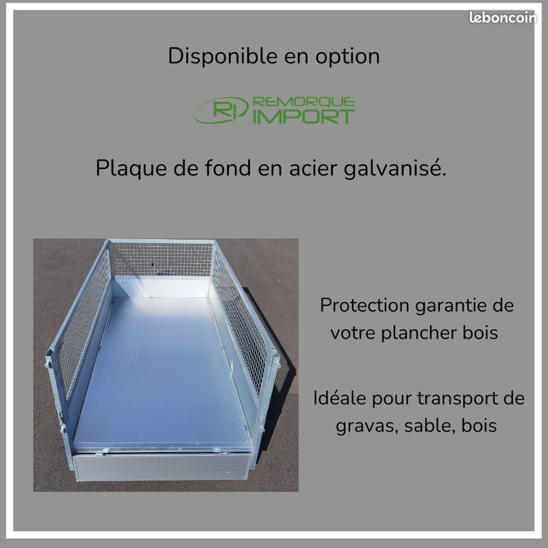 Remorque plateau aluminium fixe version réhausses grillagées PTAC 750 kg (image 6)
