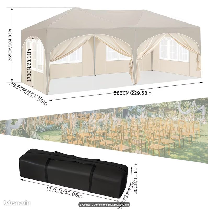 Pergola – Barnum – Tonnelle 3x6m – avec côtés (Beige, Bleu, Vert ou Gris) - Livraison gratuite en 4 jours ⭐⭐⭐ (image 4)