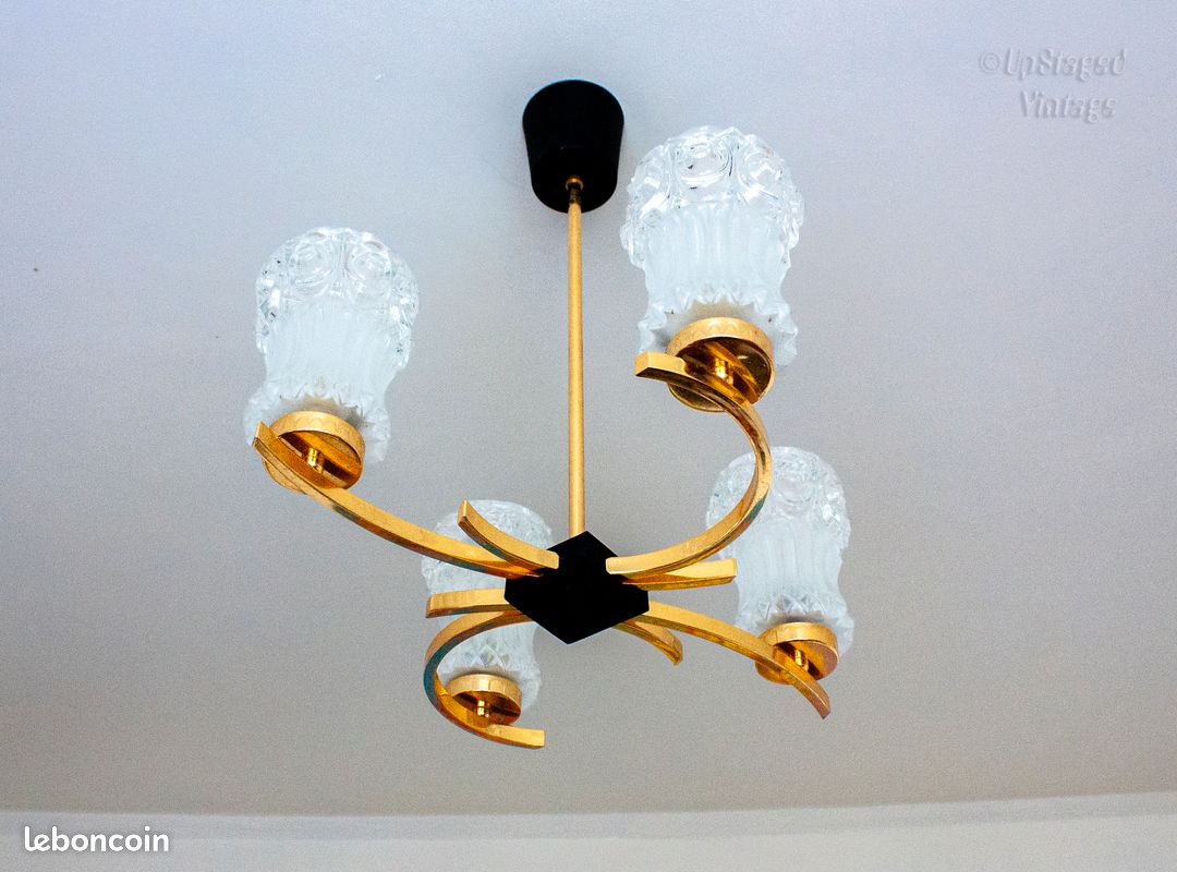 Lustre doré avec 4 abat-jours Plafonnier vintage des années 1970, style « Space Age » (image 3)