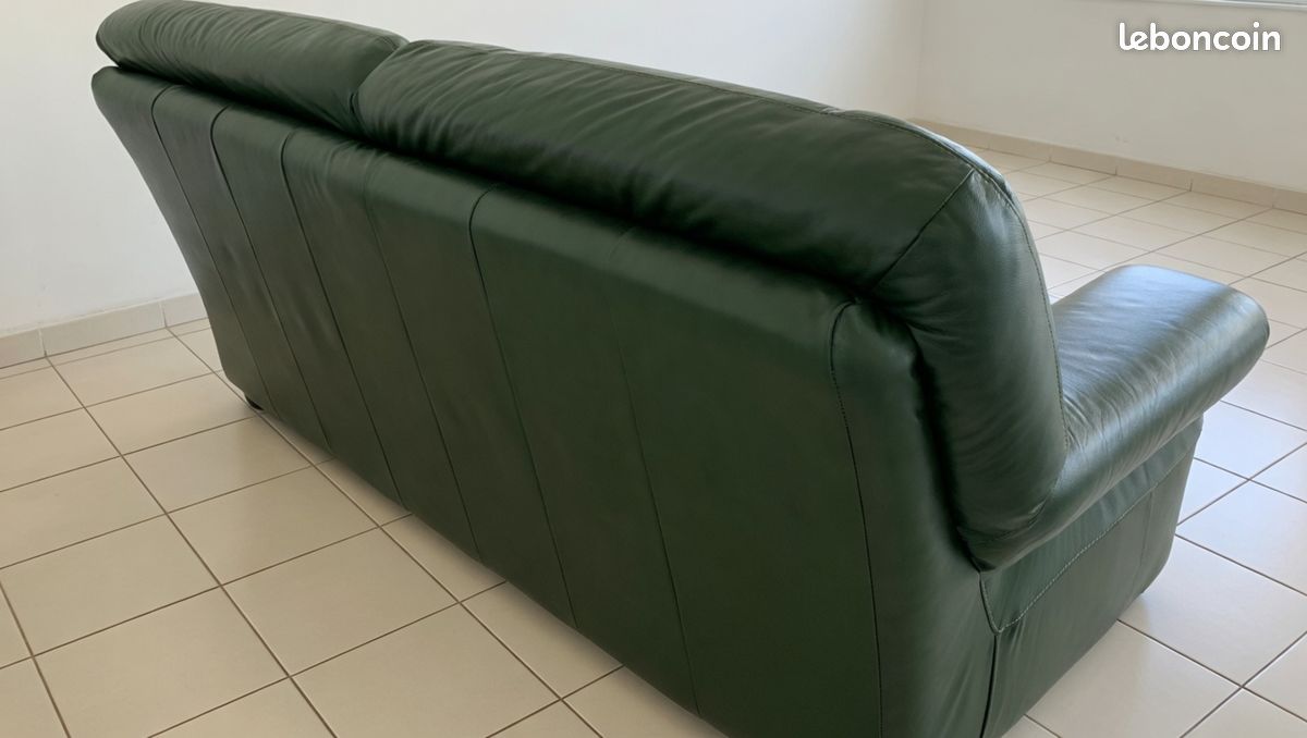 Canapé 3 places en cuir vert foncé – bon état général (image 3)