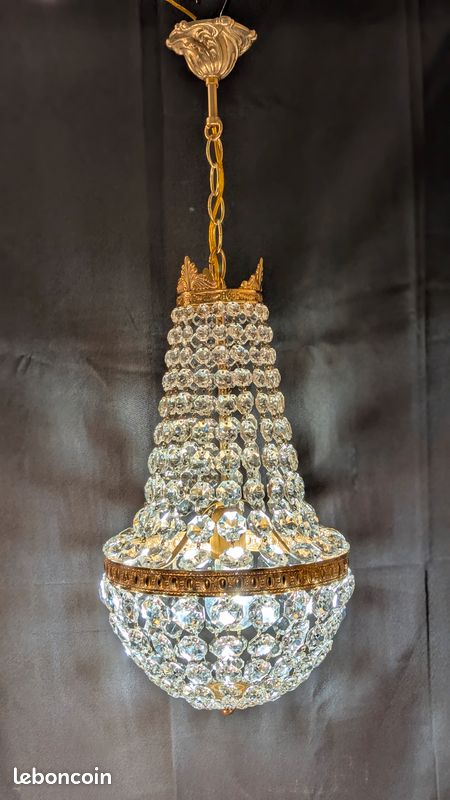 Lustre Plafonnier Napoléon Montgolfière - Cristal Pampilles - Argenté Laiton - Neuf