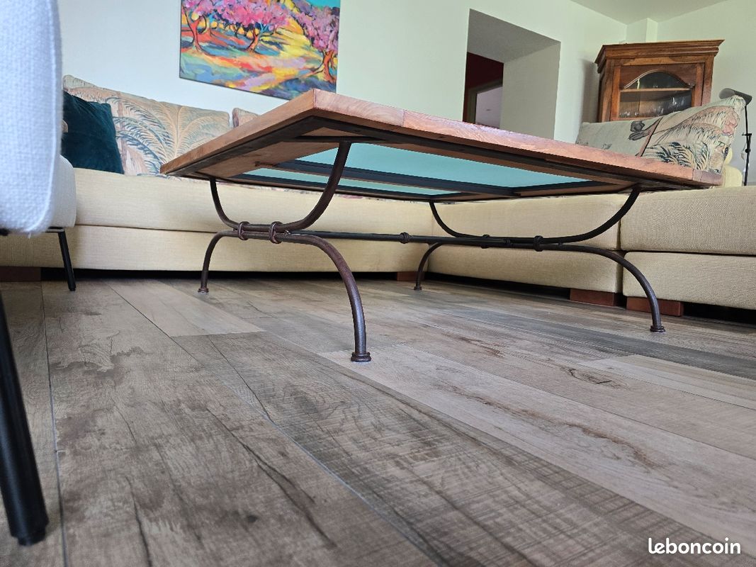 Table basse fer forgé plateau de verre et bois massif (image 7)