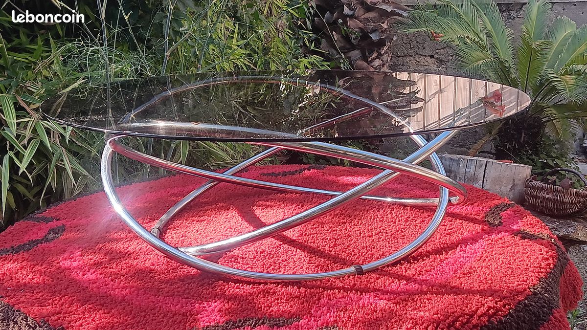 Table basse space age 1970 verre + piètement spirale en chrome (image 4)
