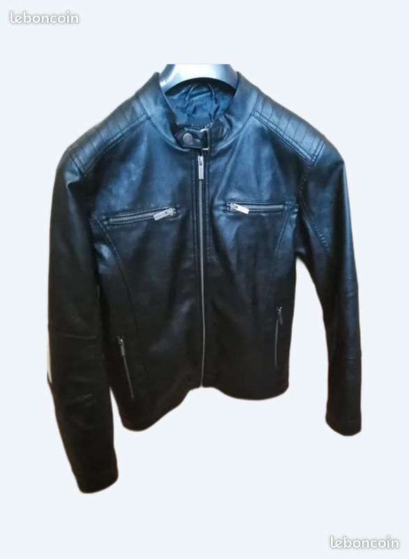 Blouson 14 ans style motard simili cuir noir (image 1)