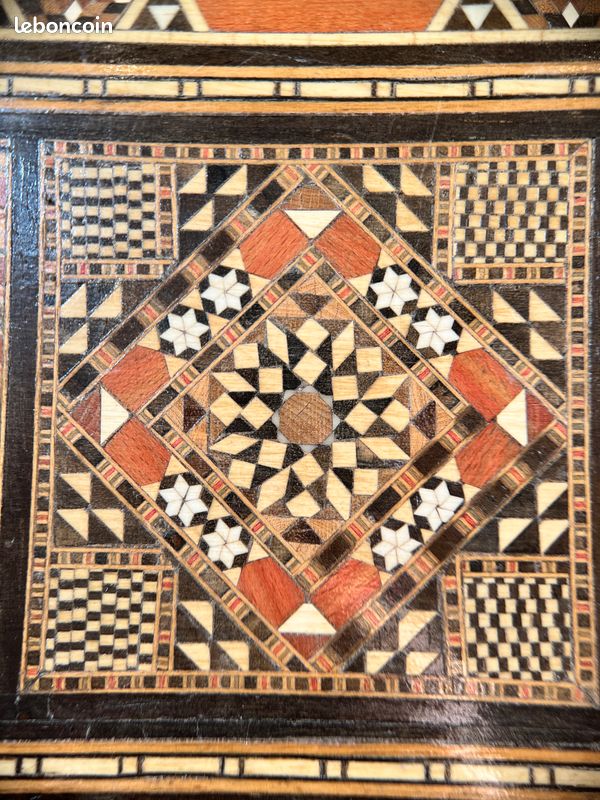 Petite Boîte à Bijoux Ancienne En Marqueterie Syrienne - Bois, Nacre Et Os, 9 Cm, Vintage