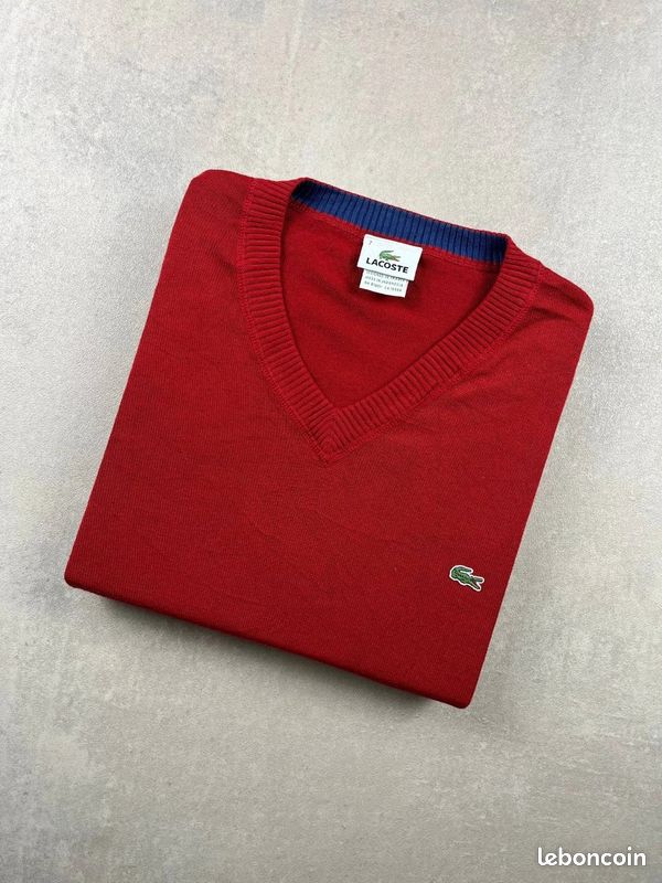Pull Lacoste homme col V rouge taille XXL 100% coton logo croco petit crocodile vintage France #G27 (image 1)