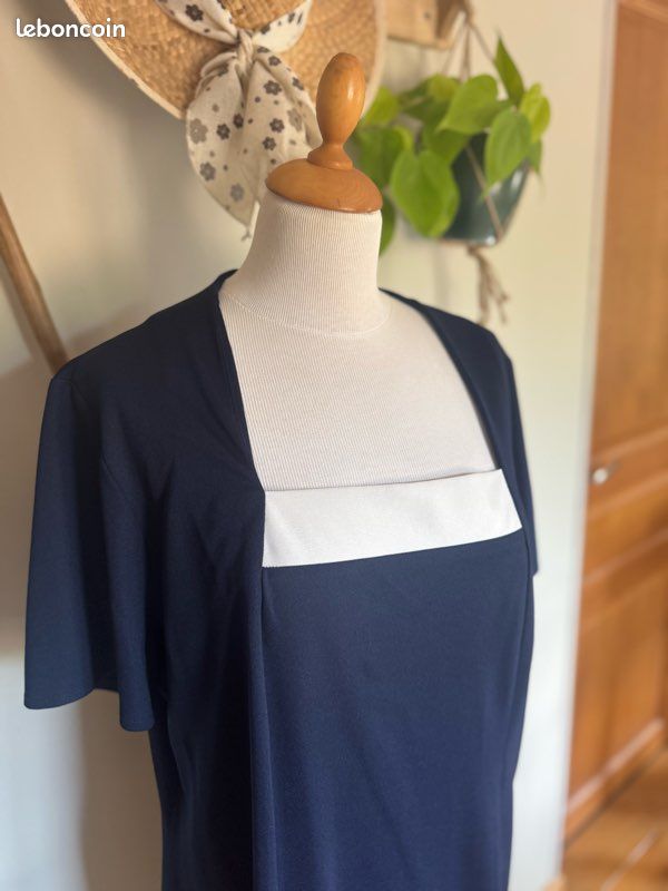 Robe Formelle Vintage Années 80 Bleu Marine Imprimé Mousseline - Taille UK Large