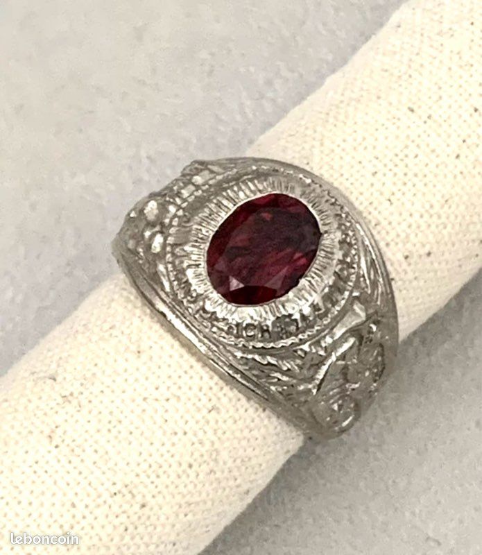 Chevalière TAILLE 62 US Américaine En Argent 925/000 Pierre Rouge
