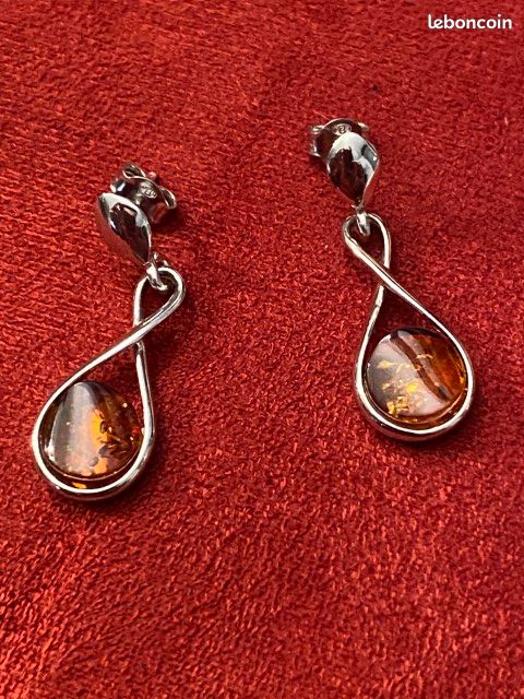 Neuf : Parure collier pendentif + boucle d'oreilles Argent 925/1000 + Ambre (PAR5) (image 2)