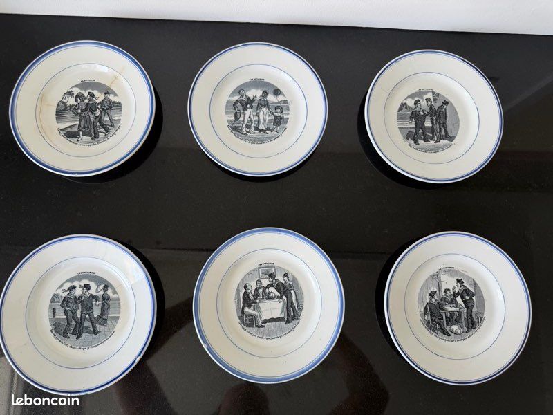 Lot de 6 assiettes anciennes Gien « Les Mathurins » – Faïence humoristique (image 1)