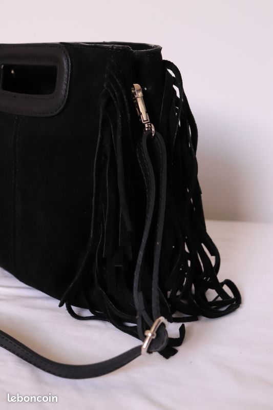 Sac à main noir franges daim (image 2)