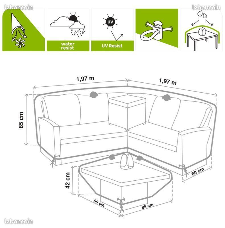 Housse de protection pour ensemble d'angle DAVOS - Housse d'angle H.85 x L.197 x l.197 cm - Nappe de table H.42 x L.95 x l.95 cm - Anti-UV - Imperméable - Aérateur - Gris clair (image 3)