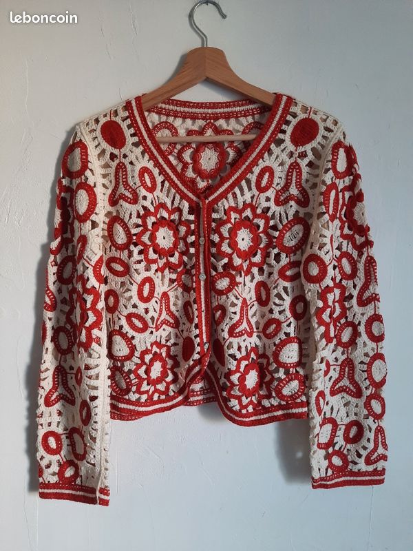 Gilet crochet écru rouille, manches longues, TU (38 à 44), boheme