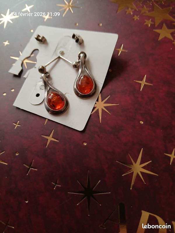 Boucles D'oreilles Anciennes Boule D'ambre Et Argent Massif - Style Puces, Occasion