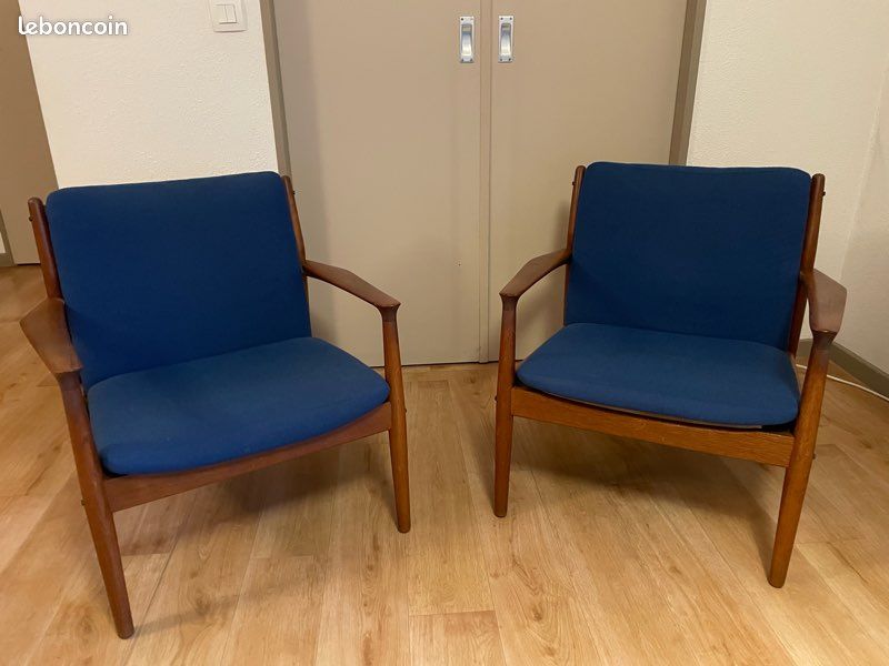 Paire fauteuil vintage assise bleue (image 2)