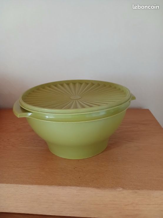 Grand Saladier Tupperware Vintage – Vert, Avec Couvercle Motif Soleil, Plastique
