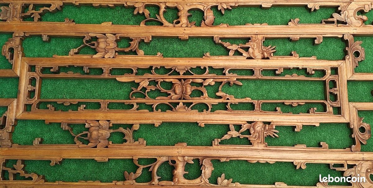 Ancien grand panneau chinois en bois sculpté fait main (image 10)