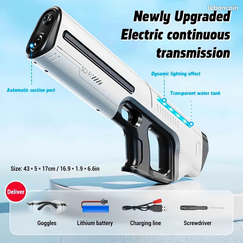Pistolet a eau electrique 43 cm recharge automatique blanc - Jeux & Jouets