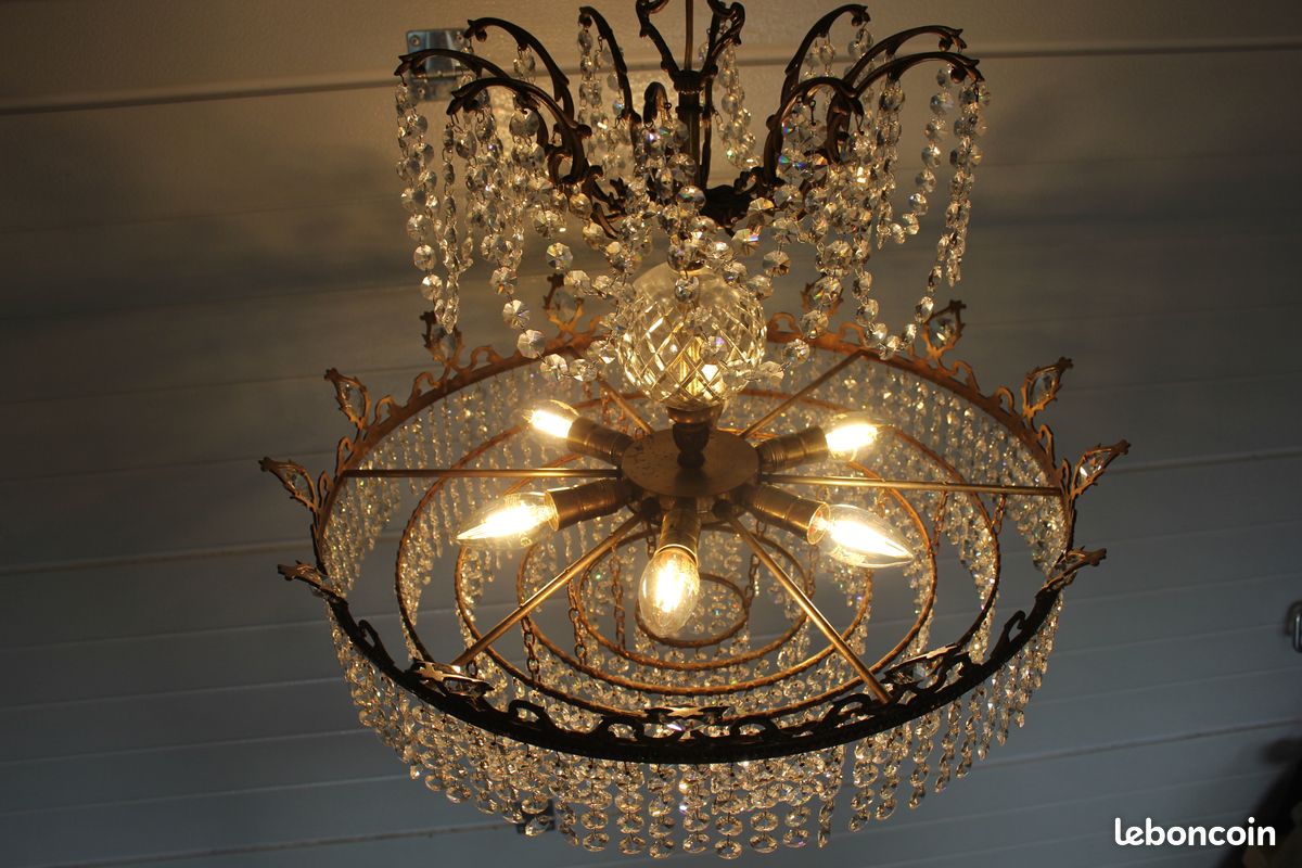 ANCIEN LUSTRE PAMPILLES cristal et laiton EUR 50,00 - PicClick FR