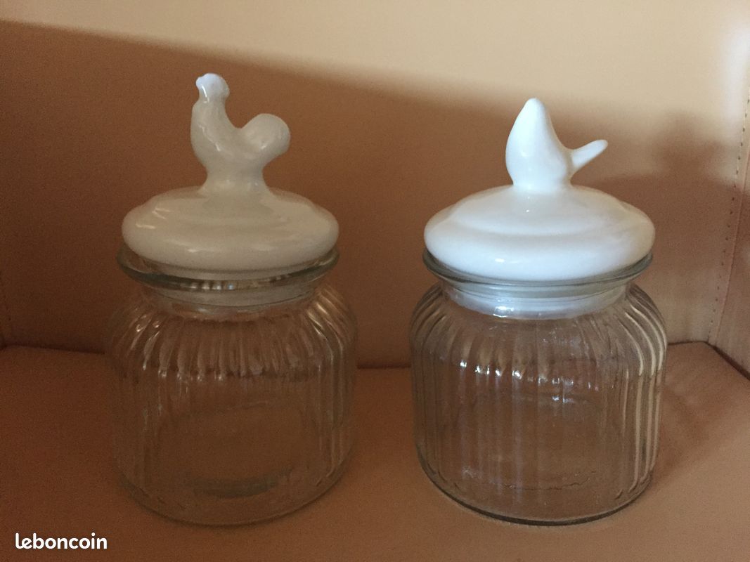 Bonbonnières en verre avec couvercle figurine coq et oiseau en céramique (image 3)
