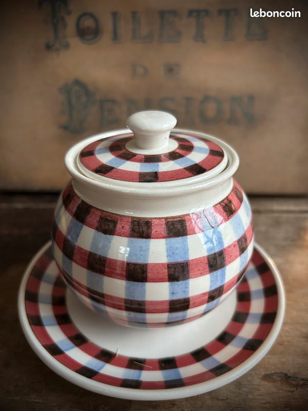 Pot couvert sucrier et presentoir Villeroy Boch Mettlach Sarre vichy peint main 8202 (image 1)